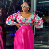 Fashionable Printed Bell Sleeve Top and Pleated Skirt Casual Set
