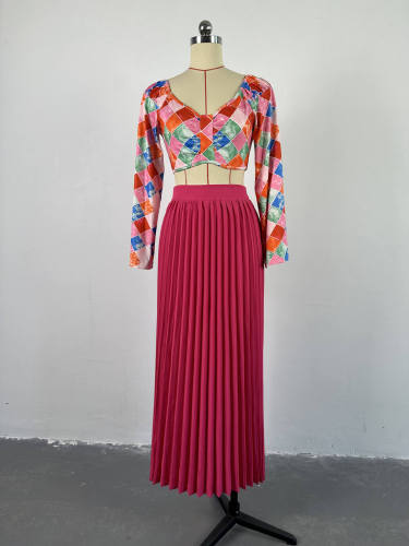 Fashionable Printed Bell Sleeve Top and Pleated Skirt Casual Set