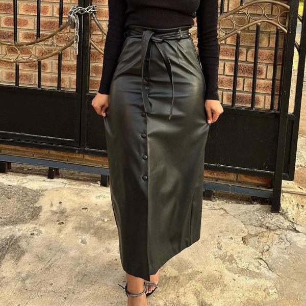 Black Mid-length PU Buckle Slit Leather Skirts Casual Leather Skirt with Belt