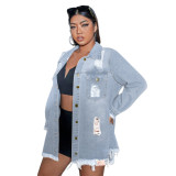 Casual Tassel Single Breasted Ripped Flap Pocket Drop Shoulder Denim Jacket