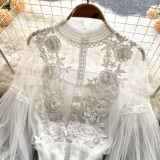2 PCS Women T-shirt&tank Top Sets Lace 3D Floral Mesh Puff Sleeve Blouse