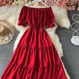 Women Dress Off-shoulder Ruffle Short Puff Sleeve Midi A-line Casual Retro