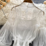 2 PCS Women T-shirt&tank Top Sets Lace 3D Floral Mesh Puff Sleeve Blouse