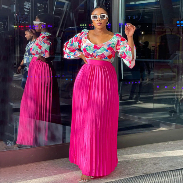 Fashionable Printed Bell Sleeve Top and Pleated Skirt Casual Set