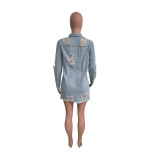 Casual Tassel Single Breasted Ripped Flap Pocket Drop Shoulder Denim Jacket