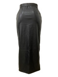 Black Mid-length PU Buckle Slit Leather Skirts Casual Leather Skirt with Belt