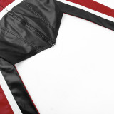 Exposed Midriff and Long Sleeves Color-Contrasting Motorcycle Style Cropped Leather Jacket