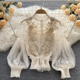 2 PCS Women T-shirt&tank Top Sets Lace 3D Floral Mesh Puff Sleeve Blouse