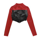Exposed Midriff and Long Sleeves Color-Contrasting Motorcycle Style Cropped Leather Jacket