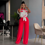 Fashionable Collar-Turned Short-Sleeve Shirt with Wide-Leg Pants and Tie-Up Waist Casual Set