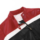 Exposed Midriff and Long Sleeves Color-Contrasting Motorcycle Style Cropped Leather Jacket