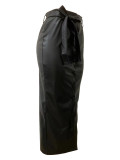 Black Mid-length PU Buckle Slit Leather Skirts Casual Leather Skirt with Belt