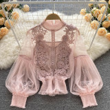 2 PCS Women T-shirt&tank Top Sets Lace 3D Floral Mesh Puff Sleeve Blouse
