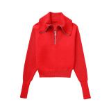 Zipper Turndown Neck Knitted Sweater
