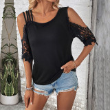 Contrast Guipure Lace Cold Shoulder Tee