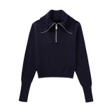 Zipper Turndown Neck Knitted Sweater