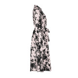 Floral Print Lantern Sleeve Belted Dress