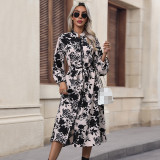 Floral Print Lantern Sleeve Belted Dress
