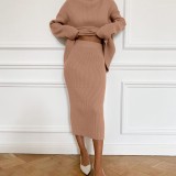 Women's Ladies Plain Knitted High Neck Sweater Pencil Skirt Set 2Pcs Plus Size