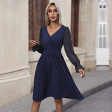 V Neck Flounce Sleeve Pleated Dress