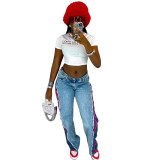 Women Streetwear Patchwork Zipper Fly Striped Side Straight Denim Pants 2023 INS Fashion Wide Leg Jeans Trousers