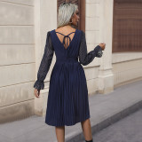 V Neck Flounce Sleeve Pleated Dress