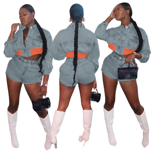 Fashion Denim Women's Set Long Sleeve Denim Jacket and Lace Up Chain Jeans Shorts 2023 Two 2 Piece Sets Outfit Tracksuit