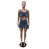 Fashion Y2K Denim Pleated Skirts Two Piece Sets Sexy Pocket Patchwork Crop Top And Belt Mini Skirts Outfits Streetwear