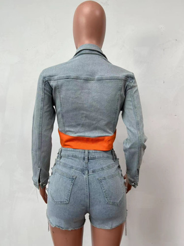 Fashion Denim Women's Set Long Sleeve Denim Jacket and Lace Up Chain Jeans Shorts 2023 Two 2 Piece Sets Outfit Tracksuit