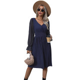 V Neck Flounce Sleeve Pleated Dress