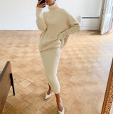 Women's Ladies Plain Knitted High Neck Sweater Pencil Skirt Set 2Pcs Plus Size