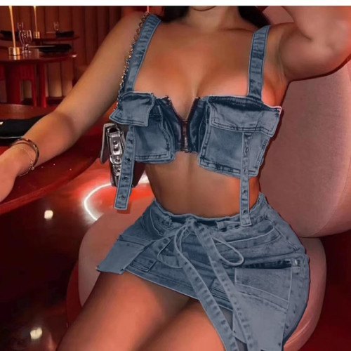 Fashion Y2K Denim Pleated Skirts Two Piece Sets Sexy Pocket Patchwork Crop Top And Belt Mini Skirts Outfits Streetwear