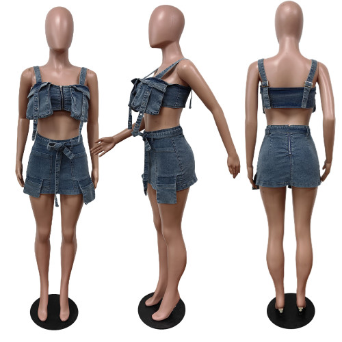 Fashion Y2K Denim Pleated Skirts Two Piece Sets Sexy Pocket Patchwork Crop Top And Belt Mini Skirts Outfits Streetwear