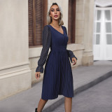 V Neck Flounce Sleeve Pleated Dress