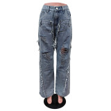 Light Blue Casual Solid Ripped Patchwork High Waist Regular Denim Jeans
