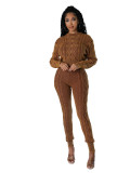 Casual Solid Patchwork O Neck Long Sleeve Two Pieces Knitted Diamond Twist Pullover Sweater Set