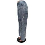 Light Blue Casual Solid Ripped Patchwork High Waist Regular Denim Jeans