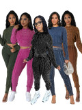 Casual Solid Patchwork O Neck Long Sleeve Two Pieces Knitted Diamond Twist Pullover Sweater Set