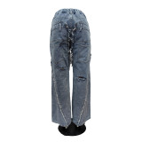 Light Blue Casual Solid Ripped Patchwork High Waist Regular Denim Jeans