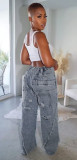 Light Blue Casual Solid Ripped Patchwork High Waist Regular Denim Jeans