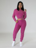 Casual Solid Patchwork O Neck Long Sleeve Two Pieces Knitted Diamond Twist Pullover Sweater Set