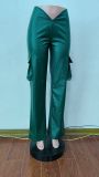 College Solid Patchwork Pocket Regular Mid Waist Straight Solid Color PU Bottoms