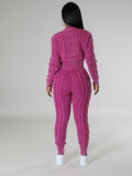 Casual Solid Patchwork O Neck Long Sleeve Two Pieces Knitted Diamond Twist Pullover Sweater Set