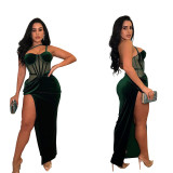 Fashion Women's Solid Color Mesh Straps Slit Long Dress