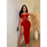 Fashion Women's Solid Color Mesh Straps Slit Long Dress
