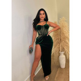 Fashion Women's Solid Color Mesh Straps Slit Long Dress