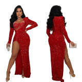 Solid Color Sparkling Sexy Split Maxi Dress
