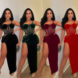 Fashion Women's Solid Color Mesh Straps Slit Long Dress