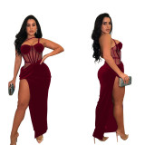 Fashion Women's Solid Color Mesh Straps Slit Long Dress