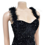 Solid Color Feather Sparkle Sleeveless Mini Dress